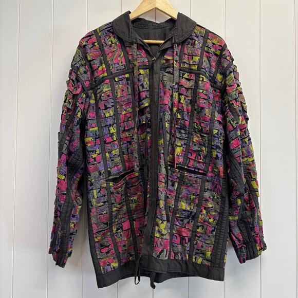 Women Strip Quilted Artsy Streetwear Reversible Jacket Size L Colorful Whimsical - Picture 1 of 9